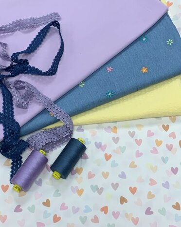 hartjes poplin - seersucker geel - bloemen denim - lila uni - gutermann garen lila en blauw en bijpassend kant elastiek - kicke