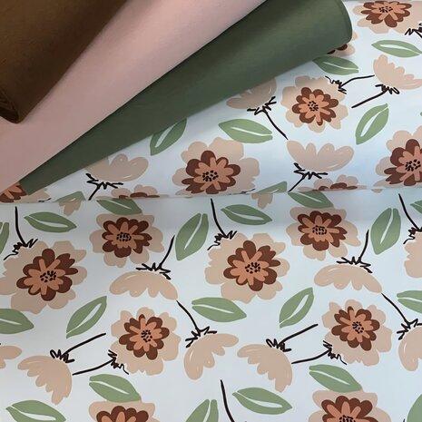 bruin - nude roze - olijf groen boordstof met bloemen french terry