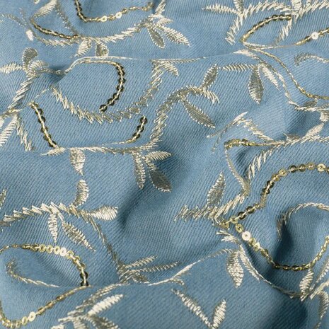leafs denim broderie - licht blauw - kickenstoffen