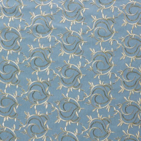 leafs denim broderie - licht blauw - kicken stoffen