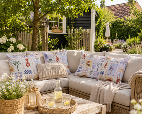 ai foto met tuinkussens van de canvas summer patchwork kickenstoffen
