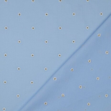 Katoenen voile met geborduurde lurex bloemetjes lichtblauw | Poppy Fabrics 03881.002