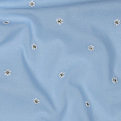 Katoenen voile met geborduurde lurex bloemetjes lichtblauw | Poppy Fabrics 03881.002