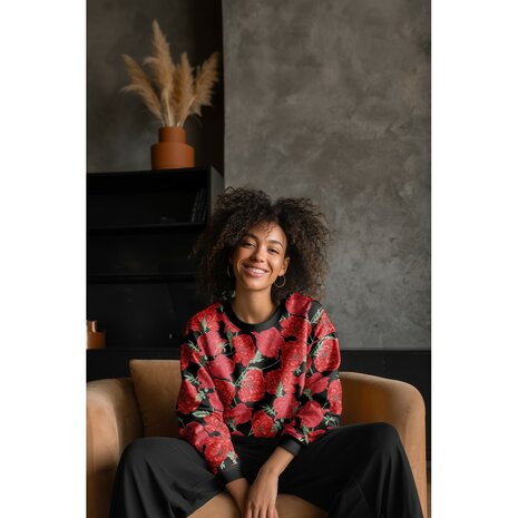 sweater ai voorbeeld french terry rood rozige bloemen kickenstoffen