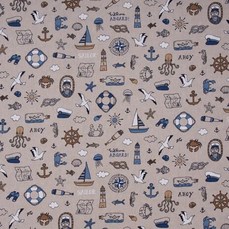 Qjutie Linenlook Canvas Nautical Doodle - kickenstoffen