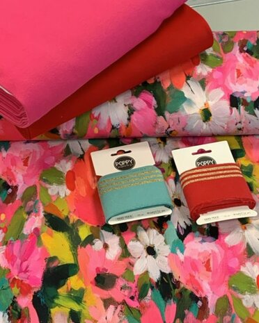 french terry bloem poppy met bijpassende boordstoffen