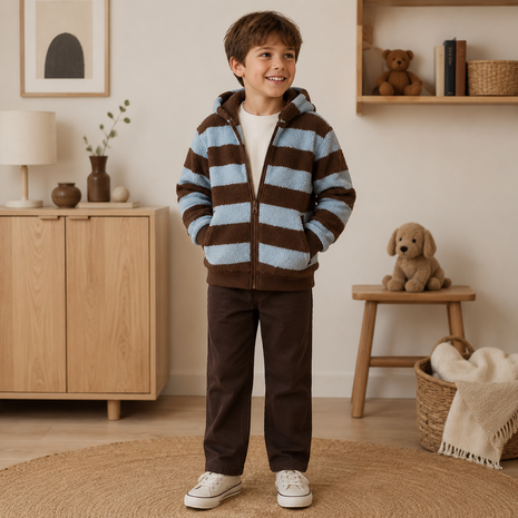 Teddy stof strepen bruin en lichtblauw  KicKenStoffen ai voorbeeld luca sweatvest