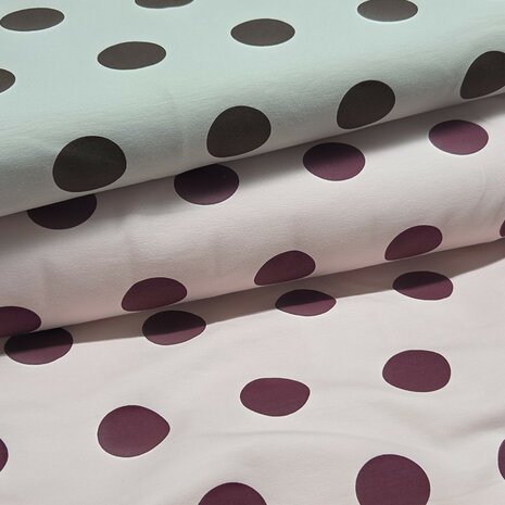 french terry polka dots beige en roze - kickenstoffen