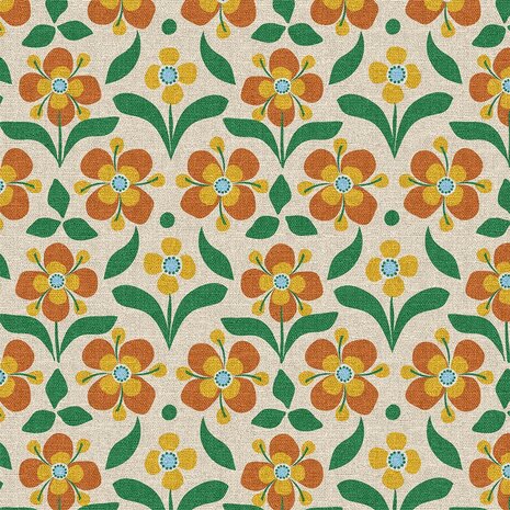 Swessie katoenen canvas Half Panama &ndash; Retro bloemen groen-oranje 125837