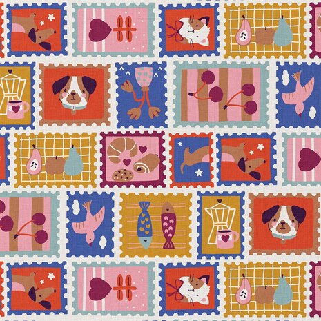 Coated cotton &ndash; Patchwork postzegels met dieren en lekkernijen 126087