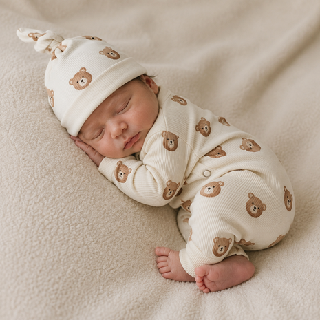 Baby rib tricot beren ecru | KicKenStoffen -ai voorbeeld foto newborn pakje