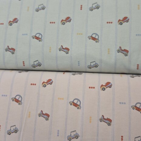 flanelstof BEEBSstofjes auto en strepen beige en groen - KicKenStoffen