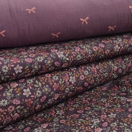 burgundy flowers poplin - bow tie double gauze poppy