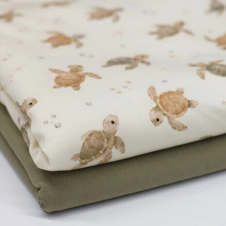 Jersey-Cotton-Fabric-Sea-Turtle-and-olive-green-kickenstoffen