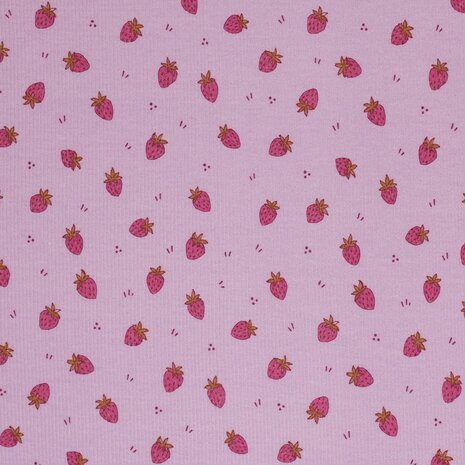 Rib-Jersey-Fabric-Strawberries-Lilac-kickenstoffen