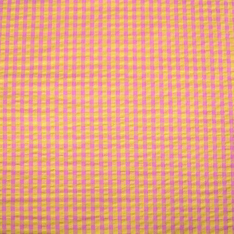 Seersucker ruit geel roze 112845