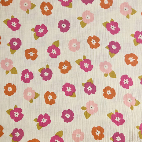 Hydrofiel double gauze bloemen roze roest &ndash; wit-natural 126152