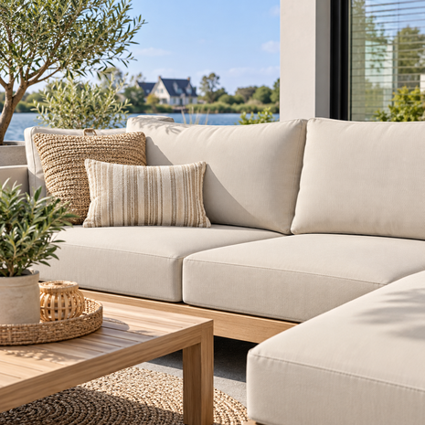 ai voorbeeld foto lounge set bekleed met uv en waterdichte outdoorstof sandcolor