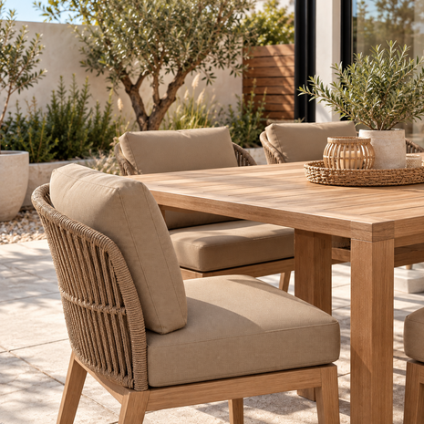ai voorbeeld foto lounge set bekleed met uv en waterdichte outdoorstof taupe.