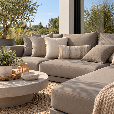 ai voorbeeld foto lounge set bekleed met uv en waterdichte outdoorstof taupe.