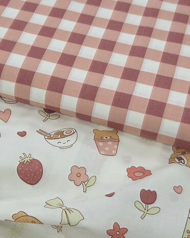 Poppy Matcha Checks and Animals Poplin Katoen 
