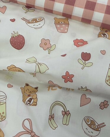 Poppy Matcha Checks and Animals Poplin Katoen