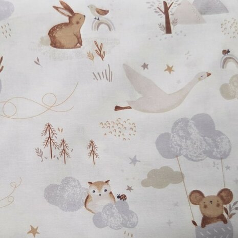Katoen Swessie Dieren in de Wolken Beige Grijs  KicKenStoffen