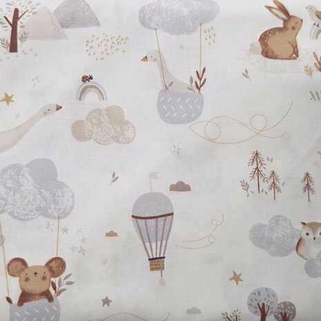 Katoen Swessie Dieren in de Wolken Beige Grijs  KicKenStoffen