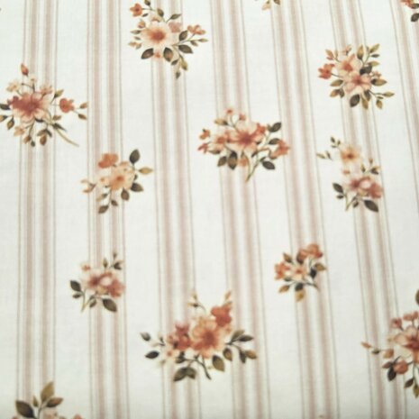 Katoen Marionette Bloemen &amp; Strepen Beige Perzik  KicKenStoffen