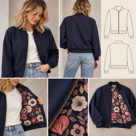 ai voorbeeld clea bomber heavy twill marine met bloemen voering - kickenstoffen