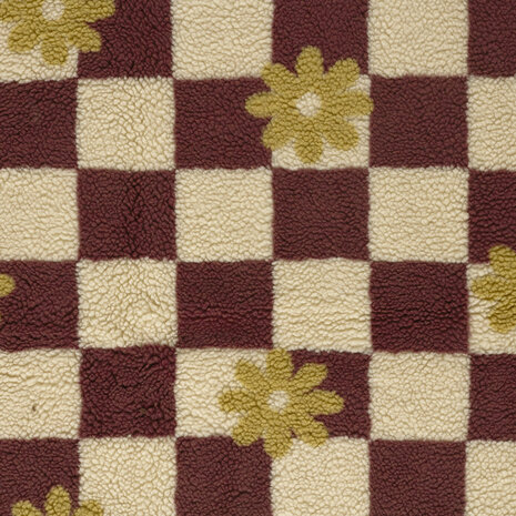 Teddy Stof Retro Blokken Bloemen Bordeaux Beige KicKenStoffen 26152_052