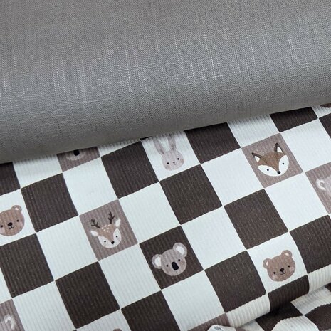 blokjes rib tricot met donker taupe linnen  kickenstoffen