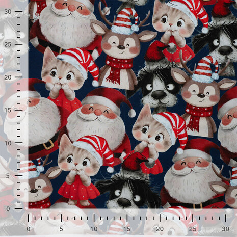French Terry Kerst &ndash; Kerstdieren &amp; Kerstman &ndash; Donkerblauw CR7010-960