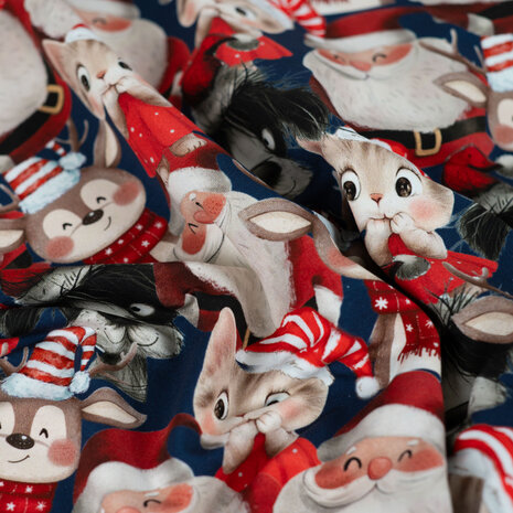 French Terry Kerst &ndash; Kerstdieren &amp; Kerstman &ndash; Donkerblauw CR7010-960