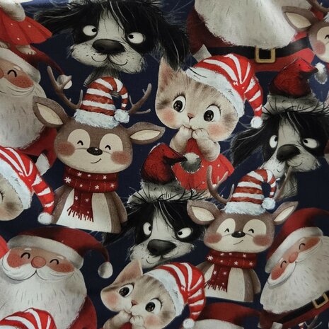 French Terry Kerst &ndash; Kerstdieren &amp; Kerstman &ndash; Donkerblauw CR7010-960