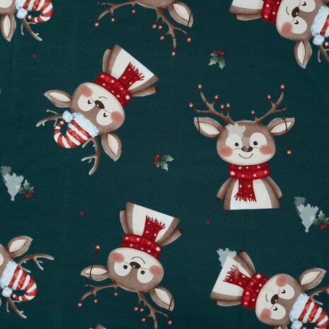French Terry Kerst &ndash; Rendiertjes &ndash; Donker groen CR7018-290