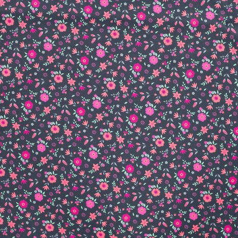 Katoenen Poplin Bloemen Donkerblauw Roze Qjutie Kids K55016-980