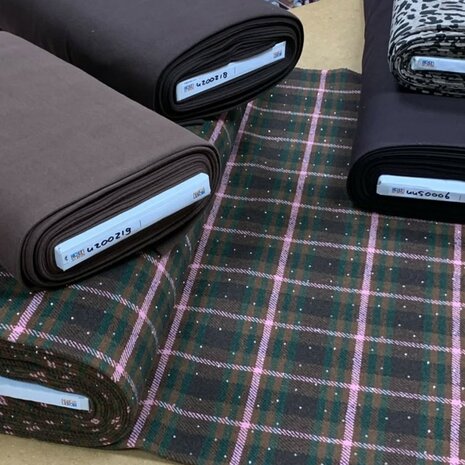 ruiten flanel met studs - boord choco en donker bruin en stretch gabardine bruin