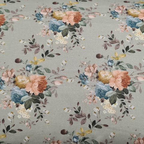 vintage oud olijf groen perzik blauw wit roze-terracotta bloemen udi digitaal katoen (op=op)