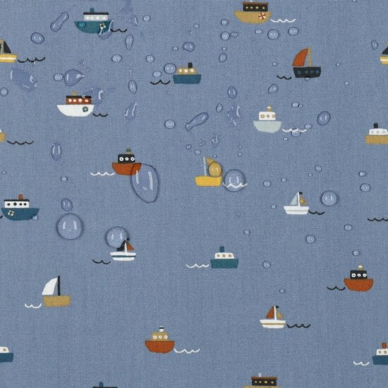 blauw met bootjes en schepen katoen met coating Poppyfabrics van KicKenStoffen