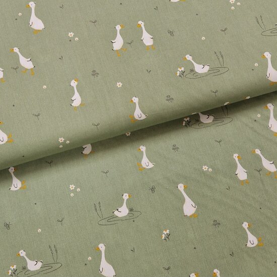 groen kleine ganzen poplin katoen little goose van KicKenStoffen