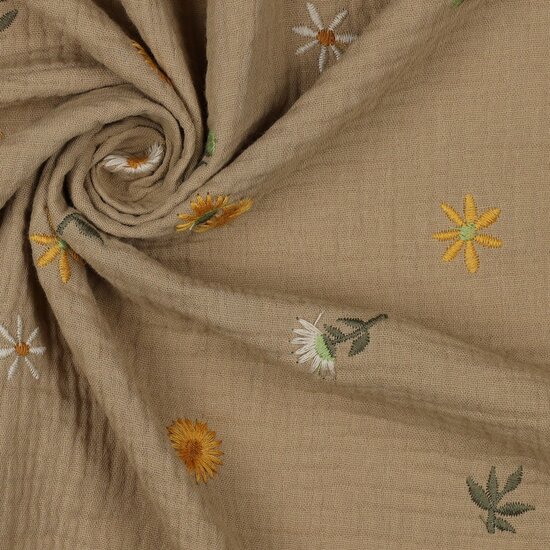 beige wit geel groen bloemen broderie hydrofiel van KicKenStoffen