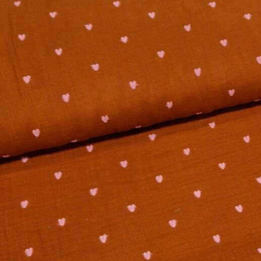 terracotta rust pink hearts embroidery double gauze