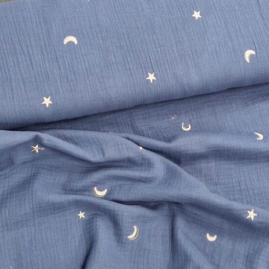 broderie hydrofiel maan en sterren jeans blauw van KicKenStoffen