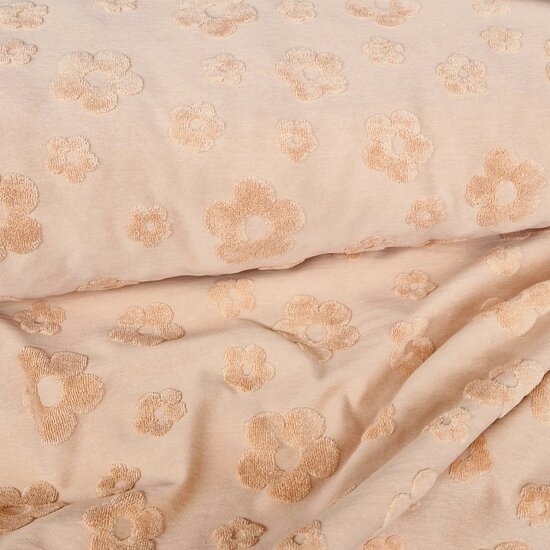 perzik badstoftricot met bloemen - KicKenStoffen