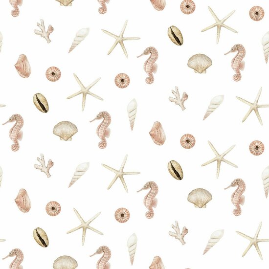 wit beige taupe Maritiem zee dieren en schelpen - digitale canvas kickenstoffen