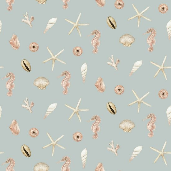 licht mint groen beige taupe Maritiem zee dieren en schelpen - digitale canvas kickenstoffen