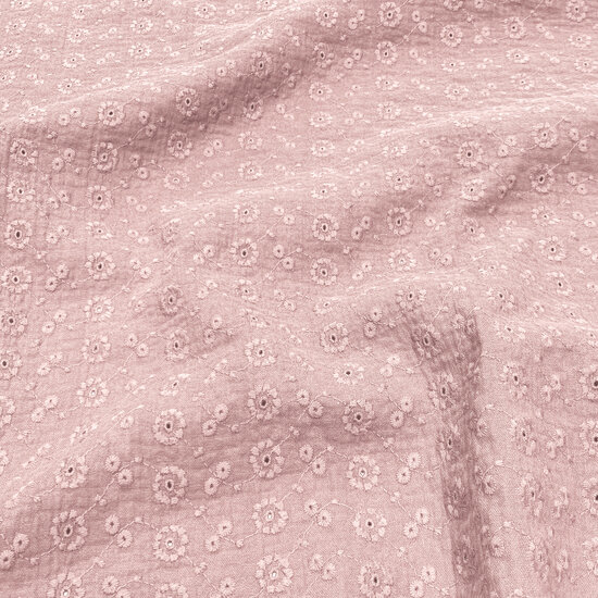 BEEBS roze broderie met bloem en gaatjes hydrofiel Suzy kickenstoffen