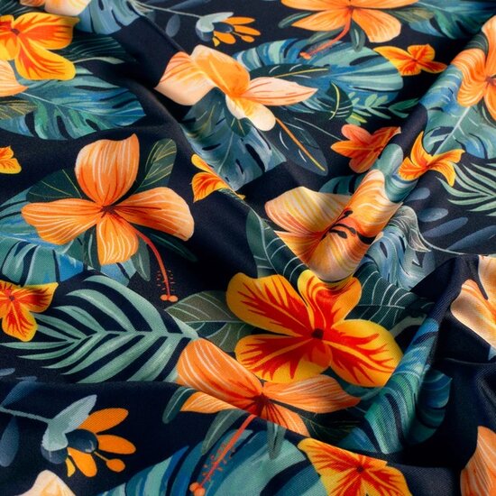 bloemen marine blauw oranje - lycra swimwear KicKenStoffen