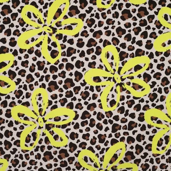 Qjutie panter neon bloemen french terrry - KicKenStoffen